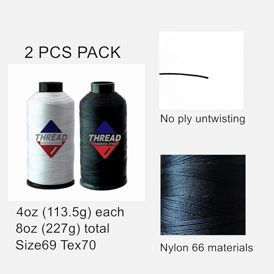 Sissewpro Bonded Nylon Thread 69 Upholstery Thread Heavy Duty Threads for Sewing Machine Strong Black Threads for Leather, Beading, Hair Weaving, Denim, Canvas,Webbings Tex70, 4oz 1500yds(2, BK,WH)