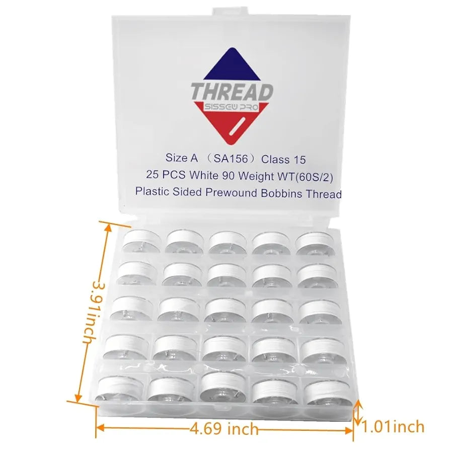 Sissewpro 25pcs White 60S/2 Prewound Bobbin Thread, Plastic Size A SA156 Embroidery Bobbins, Cottonized Soft Feel Sewing Machine Bobbin for Brother Singer Janome Babylock Quilting Embroidery