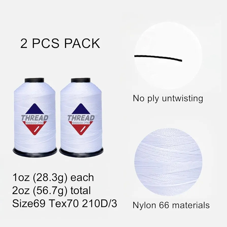 Sissewpro Bonded Nylon Thread 69 Upholstery Thread Heavy Duty Threads for Sewing Machine Strong Black Threads for Leather, Beading, Hair Weaving, Denim, Canvas,Webbings Tex70, 1oz 375yds(2, White)