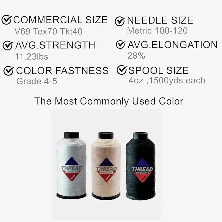 Sissewpro Bonded Nylon Thread 69 Upholstery Thread Heavy Duty Threads for Sewing Machine Strong Black Threads for Leather, Beading, Hair Weaving, Denim, Canvas,Webbings Tex70, 4oz 1500yds(2, BK,WH)