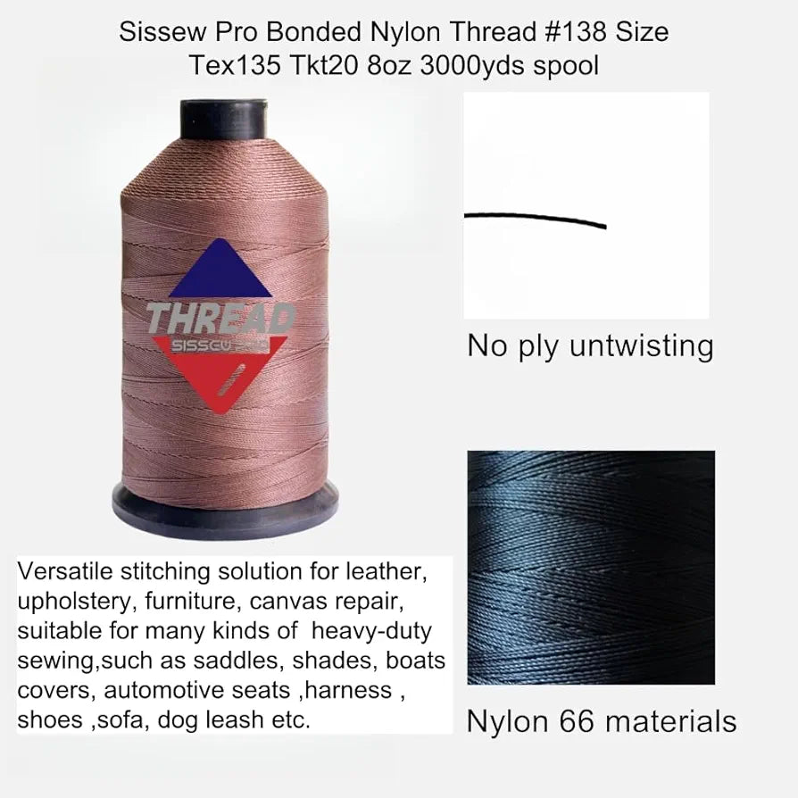 Sissewpro Bonded Nylon Thread 138 Upholstery Thread Heavy Duty for Sewing Machine Strong Brown Threads for Leather Crafts Furniture Cusion,Boats Car Cover Seats,Canvas,T135, 8oz 1500yds