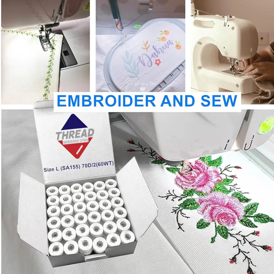 Sissewpro 144pcs White 70D/2 Prewound Bobbin Thread, Plastic Embroidery Bobbins Size L, SA155 Sewing Bobbins Thread for Brother, Babylock, Singer, Husqvarna Viking, Pfaff Embroidery Machines