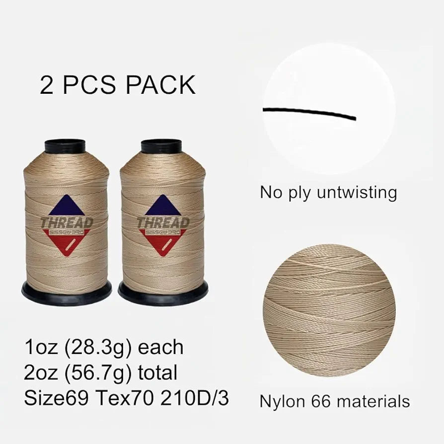 Sissewpro Bonded Nylon Thread 69 Upholstery Thread Heavy Duty Threads for Sewing Machine Strong Black Threads for Leather, Beading, Hair Weaving, Denim, Canvas,Webbings Tex70, 1oz 375yds(2, Beige)