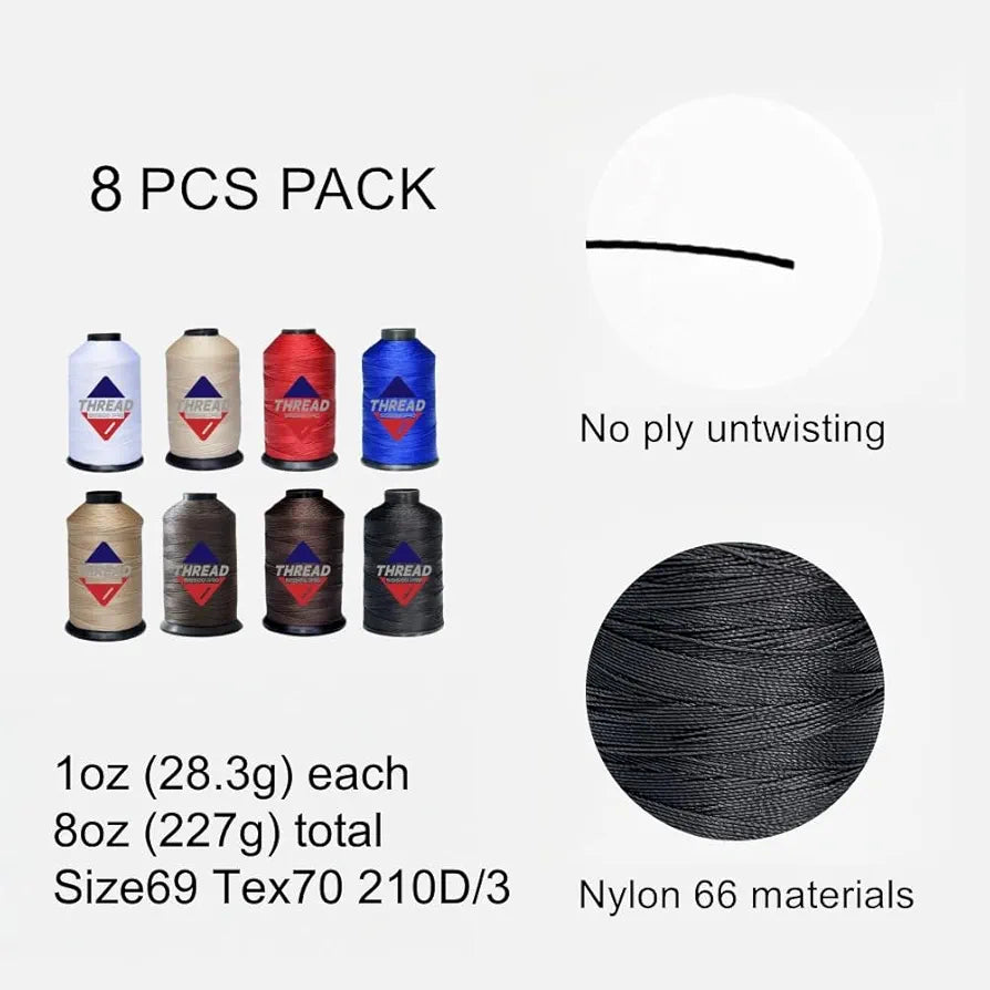 Sissewpro 8 Colors Bonded Nylon Thread 69 Upholstery Thread Heavy Duty Threads for Sewing Machine Leather, Beading, Hair Weaving, Denim, Canvas,Webbings Tex70, 1oz 375 yds Each(8, Colors)