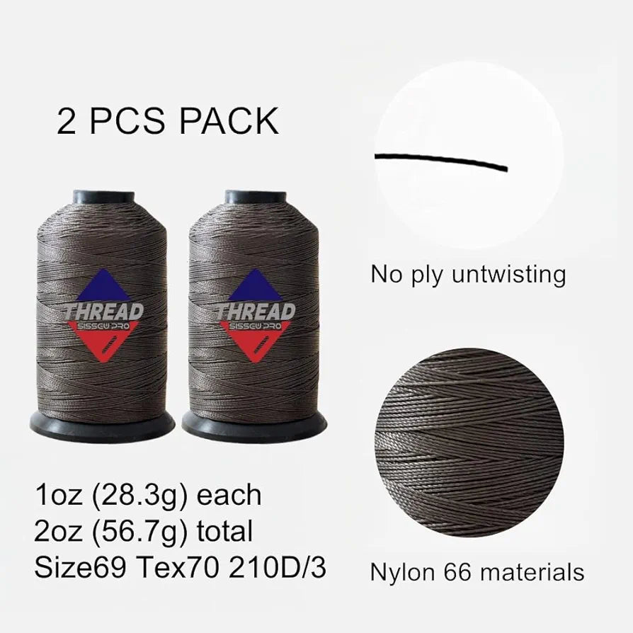 Sissewpro Bonded Nylon Thread 69 Upholstery Thread Heavy Duty Threads for Sewing Machine Strong Black Threads for Leather, Beading, Hair Weaving, Denim, Canvas,Webbings Tex70, 1oz 375yds(2, Coffee )