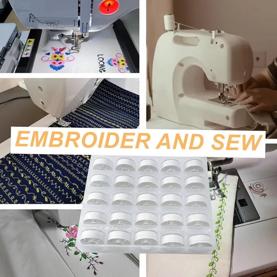 Sissewpro 25pcs White 60S/2 Prewound Bobbin Thread, Plastic Size A SA156 Embroidery Bobbins, Cottonized Soft Feel Sewing Machine Bobbin for Brother Singer Janome Babylock Quilting Embroidery