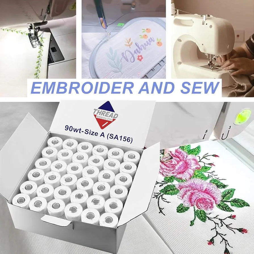 Sissewpro 144pcs White 60S/2 Prewound Bobbin Thread, Class 15 Size A SA156(90WT) for Embroidery & Sewing Machine, Cottonized Soft Feel Polyester Sewing Bobbins for Brother Singer Janome Babylock
