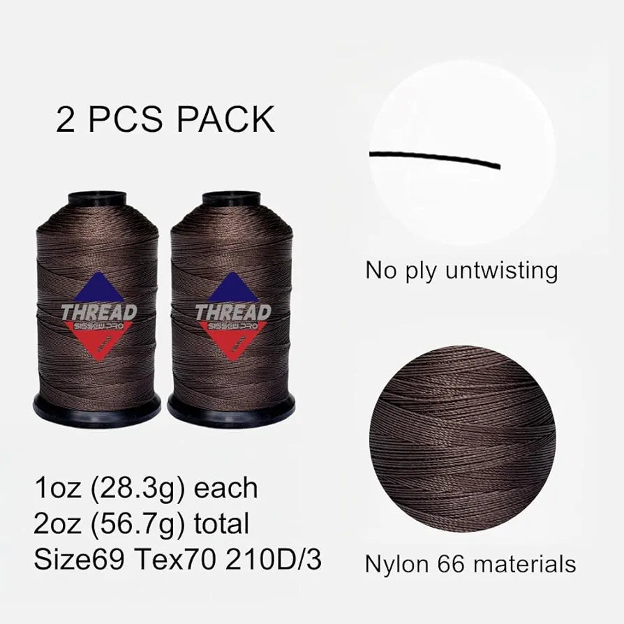 Sissewpro Bonded Nylon Thread 69 Upholstery Thread Heavy Duty Threads for Sewing Machine Strong Black Threads for Leather, Beading, Hair Weaving, Denim, Canvas,Webbings Tex70, 1oz 375yds(2, Brown)