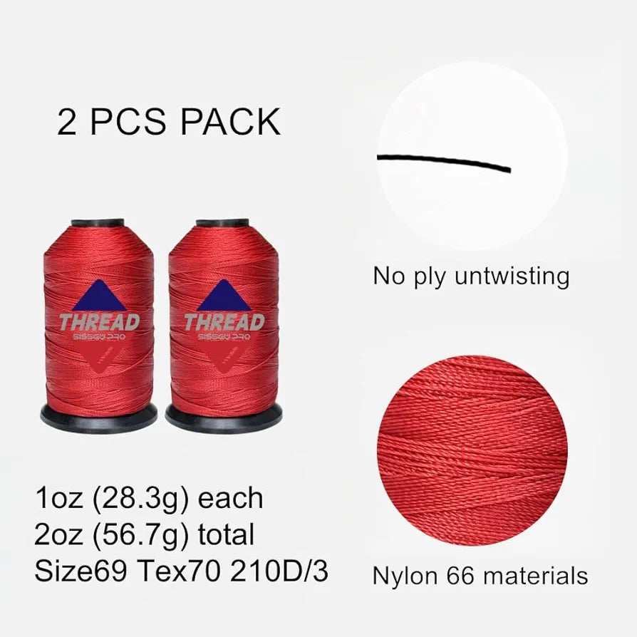 Sissewpro Bonded Nylon Thread 69 Upholstery Thread Heavy Duty Threads for Sewing Machine Strong Black Threads for Leather, Beading, Hair Weaving, Denim, Canvas,Webbings Tex70, 1oz 375yds(2, Red)