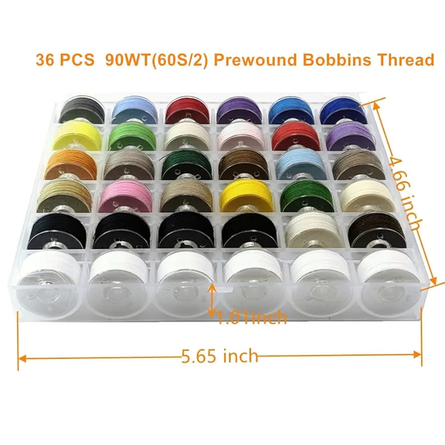 Sissewpro 36pcs Colors 60S/2 Prewound Bobbin Thread, Plastic Size A SA156 Embroidery Bobbins, Cottonized Soft Feel Sewing Machine Bobbin for Brother Singer Janome Babylock Sewing& Embroidery
