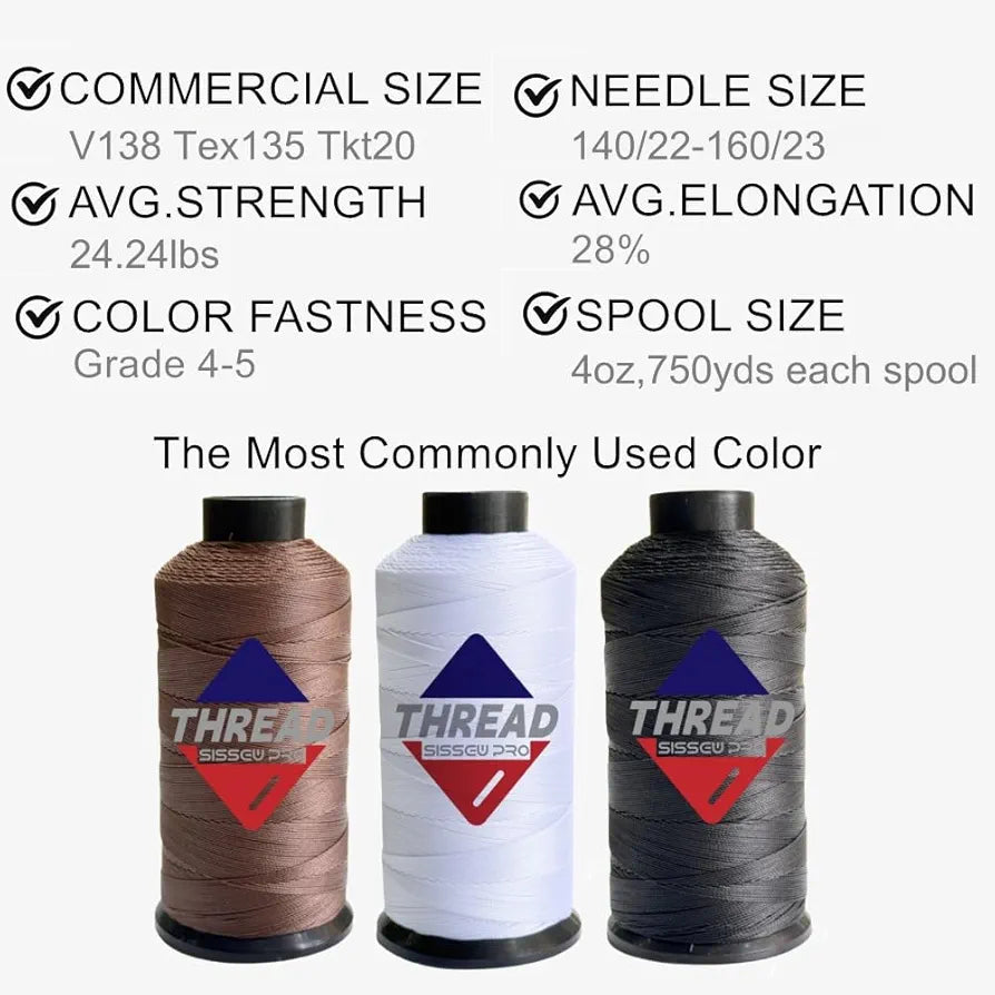 Sissewpro Bonded Nylon Thread 138 Upholstery Thread Heavy Duty for Sewing Machine Strong Black Threads for Leather Crafts Furniture Cusion,Boats Car Cover Seats,Canvas,Tex135, 4oz 750yds