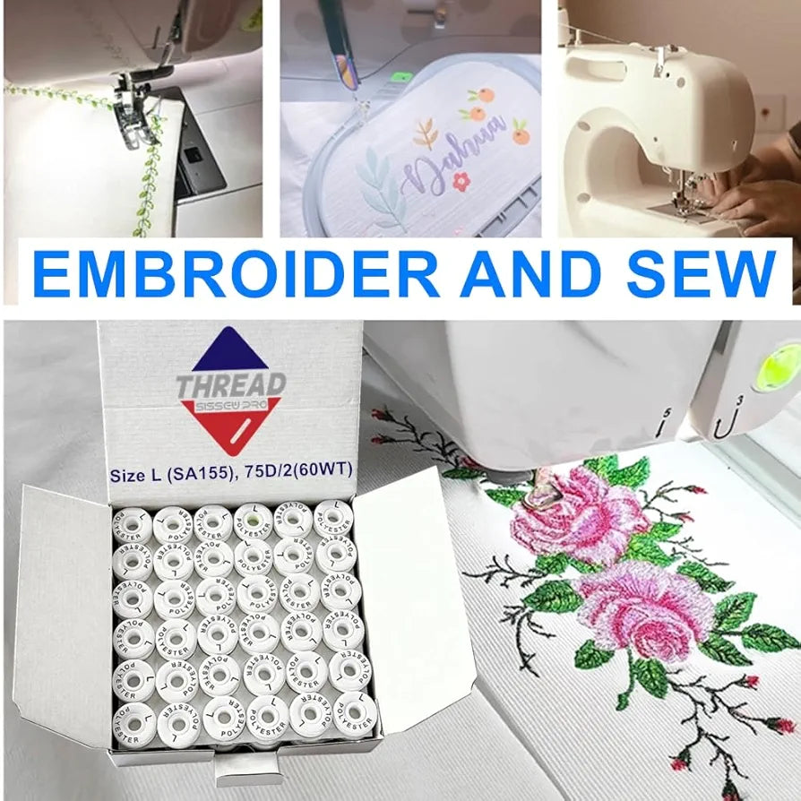 Sissewpro 144pcs White Prewound Bobbin Thread, 75D/2 Embroidery Bobbins Thread, Cardboard Bobbin L for Brother Singer Ricoma Sewing Machine Embroidery & Babylock & More