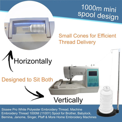 SissewPro 40WT Polyester Embroidery Thread 120D/2 1000m Spool (White, 144pcs)