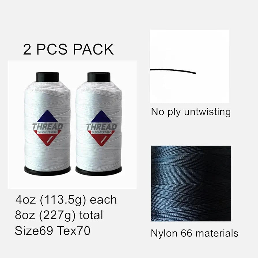 Sissewpro Bonded Nylon Thread 69 Upholstery Thread Heavy Duty Threads for Sewing Machine Strong Black Threads for Leather, Beading, Hair Weaving, Denim, Canvas,Webbings Tex70, 4oz 1500yds（2, White）