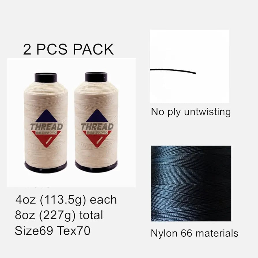 Sissewpro Bonded Nylon Thread 69 Upholstery Thread Heavy Duty Threads for Sewing Machine Strong Black Threads for Leather, Beading, Hair Weaving, Denim, Canvas,Webbings Tex70, 4oz 1500yds（2, Natural）