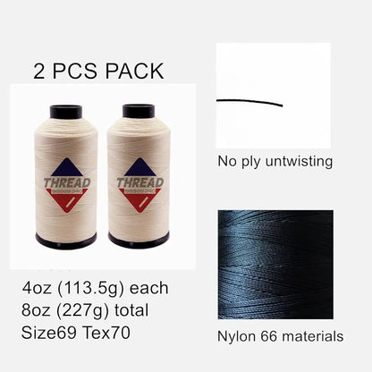 Sissewpro Bonded Nylon Thread 69 Upholstery Thread Heavy Duty Threads for Sewing Machine Strong Black Threads for Leather, Beading, Hair Weaving, Denim, Canvas,Webbings Tex70, 4oz 1500yds（2, Natural）