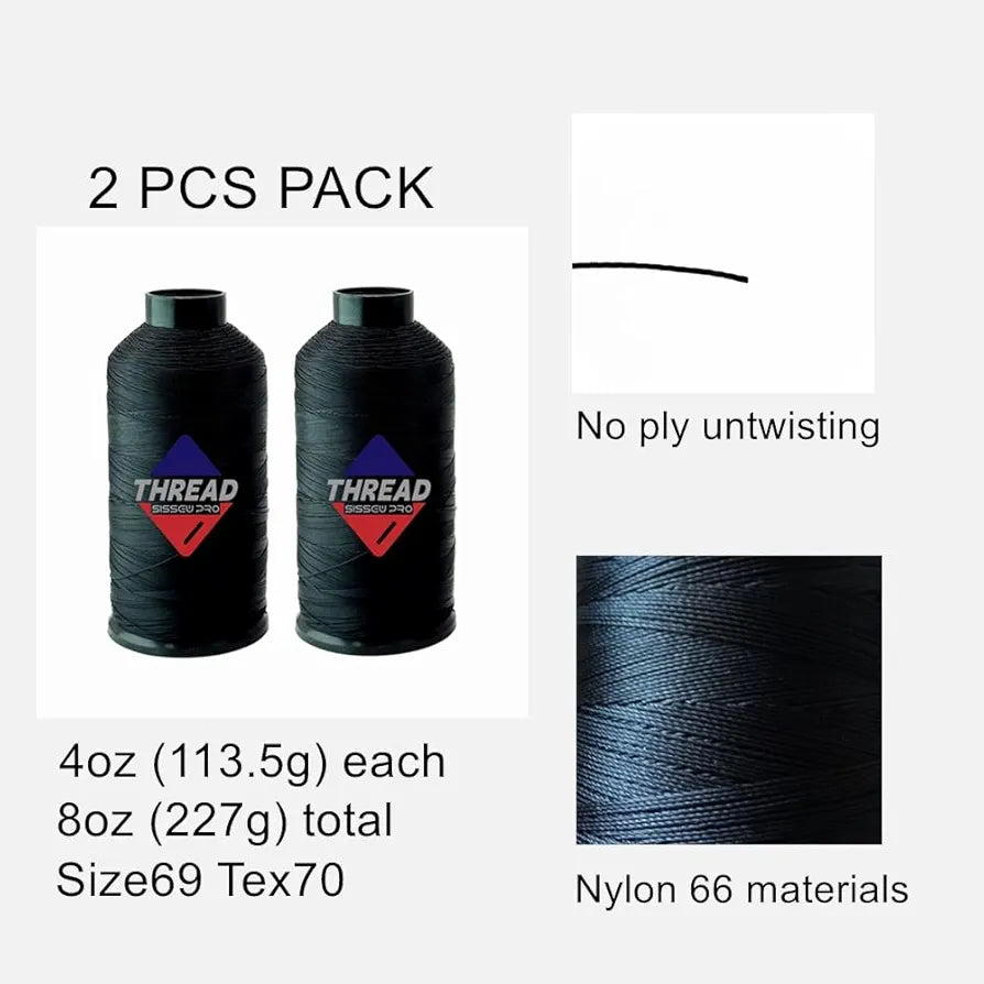 Sissewpro Bonded Nylon Thread 69 Upholstery Thread Heavy Duty Threads for Sewing Machine Strong Black Threads for Leather, Beading, Hair Weaving, Denim, Canvas,Webbings Tex70, 4oz 1500yds（2, Black）