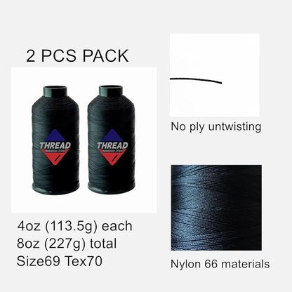 Sissewpro Bonded Nylon Thread 69 Upholstery Thread Heavy Duty Threads for Sewing Machine Strong Black Threads for Leather, Beading, Hair Weaving, Denim, Canvas,Webbings Tex70, 4oz 1500yds（2, Black）