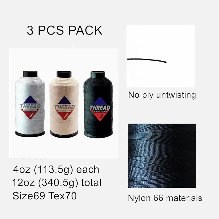 Sissewpro Bonded Nylon Thread 69 Upholstery Thread Heavy Duty Threads for Sewing Machine Strong Black Threads for Leather, Beading, Hair Weaving, Denim, Canvas, Tex70, 4oz 1500yds（3, BK&WH&BGE）