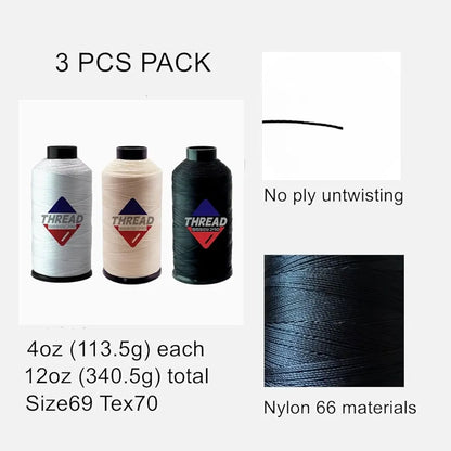 Sissewpro Bonded Nylon Thread 69 Upholstery Thread Heavy Duty Threads for Sewing Machine Strong Black Threads for Leather, Beading, Hair Weaving, Denim, Canvas, Tex70, 4oz 1500yds（3, BK&WH&BGE）