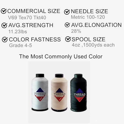 Sissewpro Bonded Nylon Thread 69 Upholstery Thread Heavy Duty Threads for Sewing Machine Strong Black Threads for Leather, Beading, Hair Weaving, Denim, Canvas, Tex70, 4oz 1500yds（3, BK&WH&BGE）