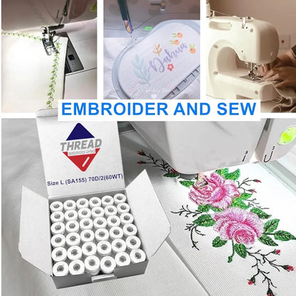 Sissewpro 144pcs White 70D/2  Prewound Bobbin Thread, Plastic Embroidery Bobbins Size L, SA155 Sewing Bobbins Thread for Brother, Babylock, Singer, Husqvarna Viking, Pfaff Embroidery Machines