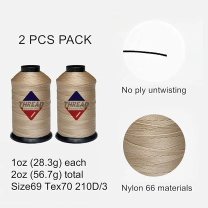 Sissewpro Bonded Nylon Thread 69 Upholstery Thread Heavy Duty Threads for Sewing Machine Strong Black Threads for Leather, Beading, Hair Weaving, Denim, Canvas,Webbings Tex70, 1oz 375yds（2, Beige）