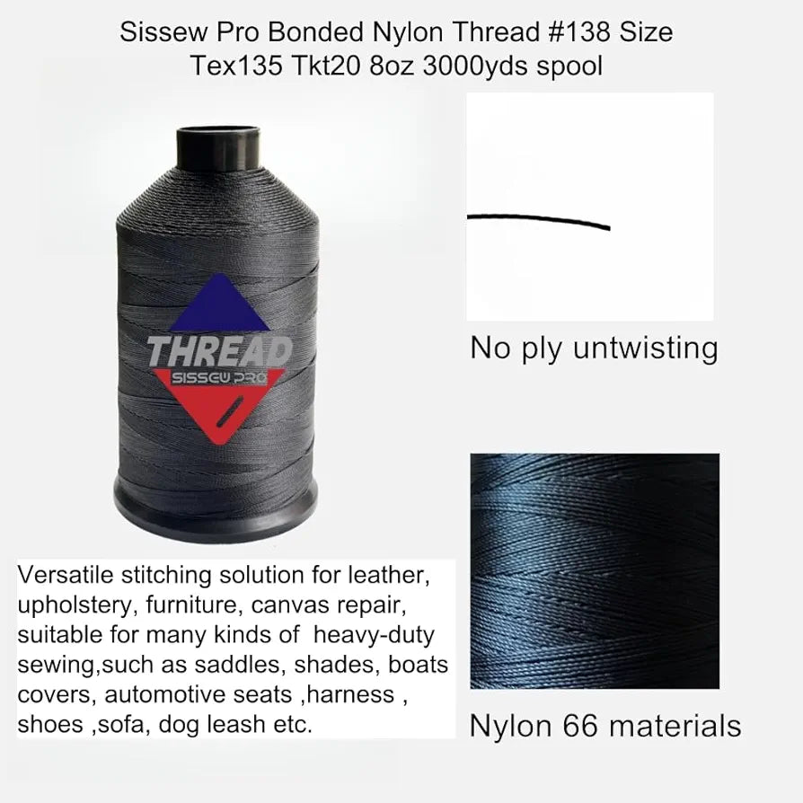 Sissewpro Bonded Nylon Thread 138 Upholstery Thread Heavy Duty for Sewing Machine Strong Black Threads for Leather Crafts Furniture Cusion,Boats Car Cover Seats,Canvas,T135, 8oz 1500yds
