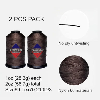 Sissewpro Bonded Nylon Thread 69 Upholstery Thread Heavy Duty Threads for Sewing Machine Strong Black Threads for Leather, Beading, Hair Weaving, Denim, Canvas,Webbings Tex70, 1oz 375yds（2, Brown）