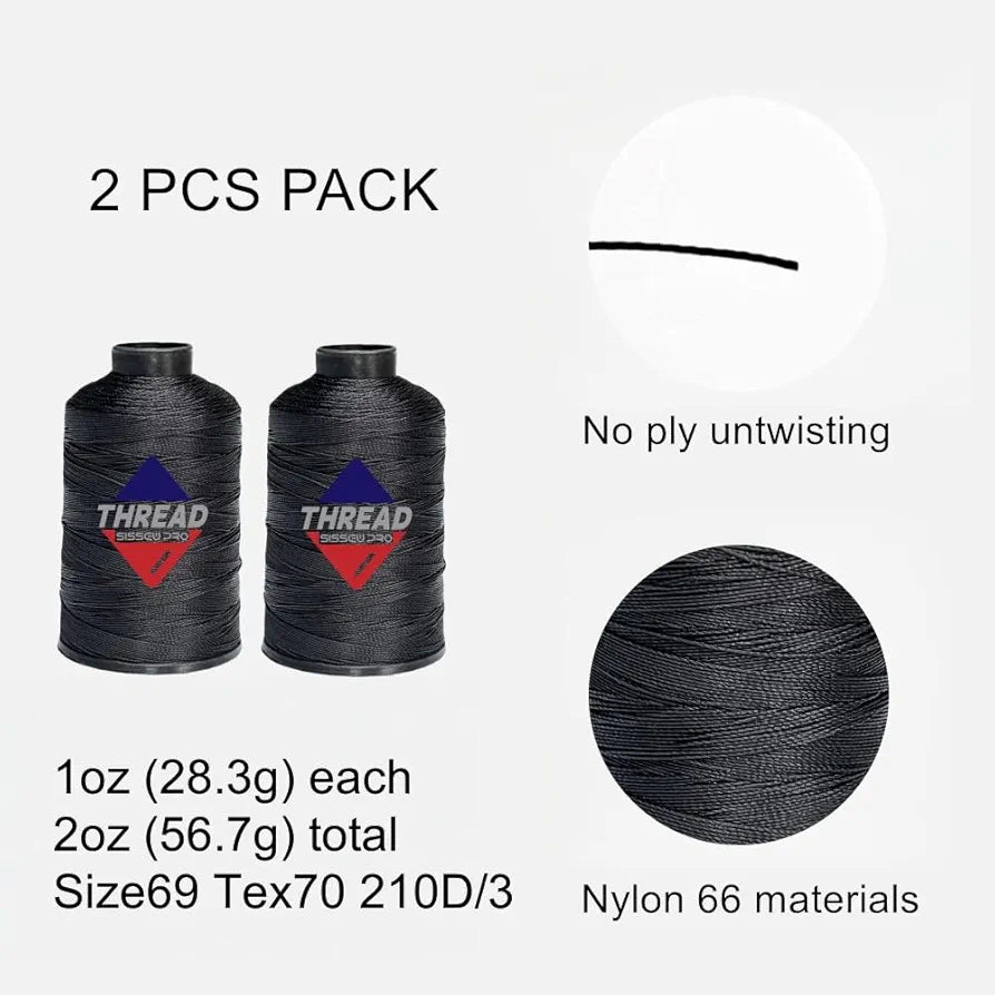 Sissewpro Bonded Nylon Thread 69 Upholstery Thread Heavy Duty Threads for Sewing Machine Strong Black Threads for Leather, Beading, Hair Weaving, Denim, Canvas,Webbings Tex70, 1oz 375yds（2, Black）