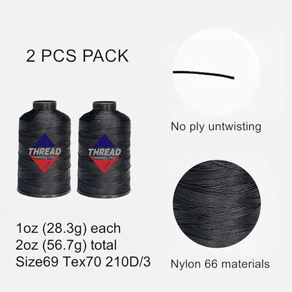 Sissewpro Bonded Nylon Thread 69 Upholstery Thread Heavy Duty Threads for Sewing Machine Strong Black Threads for Leather, Beading, Hair Weaving, Denim, Canvas,Webbings Tex70, 1oz 375yds（2, Black）