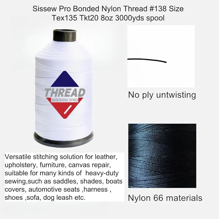 Sissewpro Bonded Nylon Thread 138 Upholstery Thread Heavy Duty for Sewing Machine Strong White Threads for Leather Crafts Furniture Cusion,Boats Car Cover Seats,Canvas,T135, 8oz 1500yds