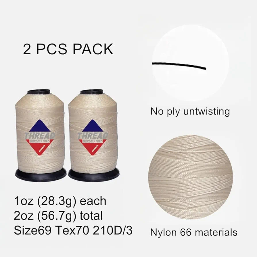 Sissewpro Bonded Nylon Thread 69 Upholstery Thread Heavy Duty Threads for Sewing Machine Strong Black Threads for Leather, Beading, Hair Weaving, Denim, Canvas,Webbings Tex70, 1oz 375yds（2, Natural）