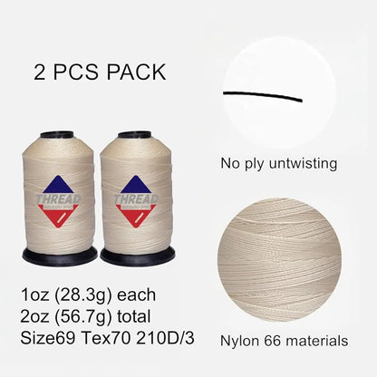 Sissewpro Bonded Nylon Thread 69 Upholstery Thread Heavy Duty Threads for Sewing Machine Strong Black Threads for Leather, Beading, Hair Weaving, Denim, Canvas,Webbings Tex70, 1oz 375yds（2, Natural）