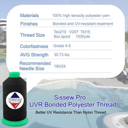 Sissew Pro UV Resistance Bonded Polyester Thread 207 Tex210 1000yds 8oz（Black,21 pcs）