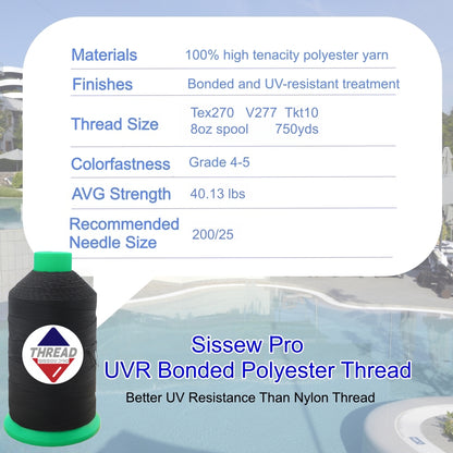 Sissew Pro UV Resistance Bonded Polyester Thread 277 Tex270 750yds 8oz（Black,21 pcs）
